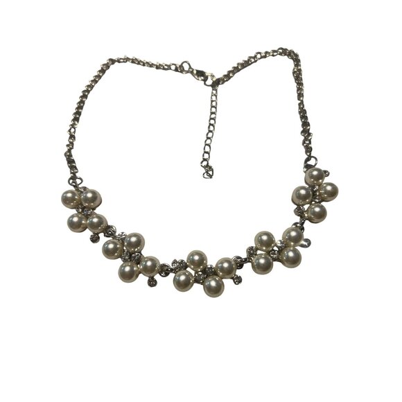 Silver Tone Articulated Faux Pearl Rhinestone Collar Necklace Choker Adj 19" - Picture 1 of 4